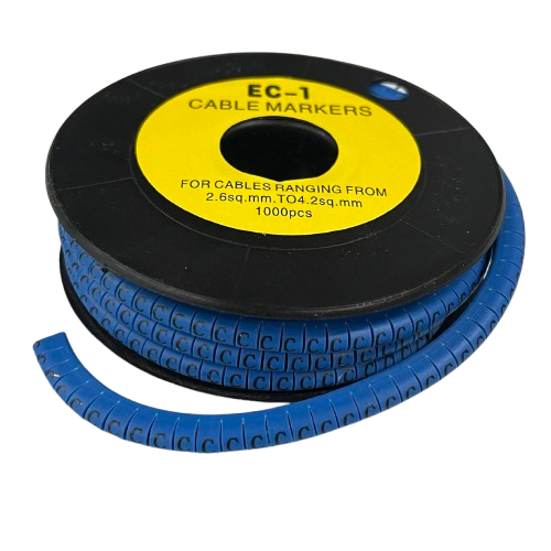 Spool of blue plastic Cable "C" Marker 2.6mm to 4.2mm Blue on reel for labeling and organizing cables
