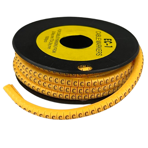 Spool of yellow cable markers with C labels on tubing for wire ID Cable "C" Marker 2.6mm to 4.2mm Yellow