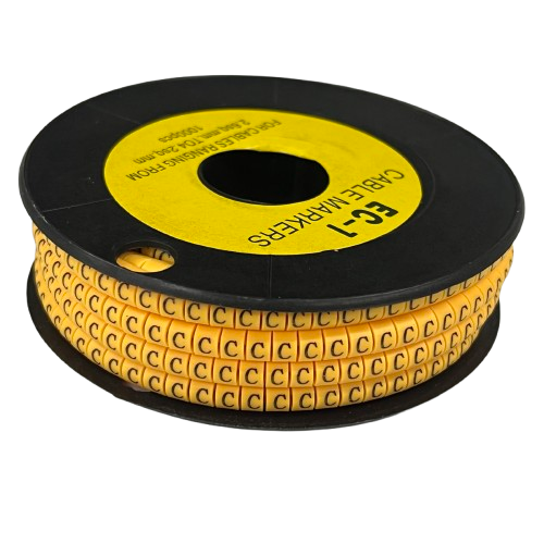 Spool of yellow Cable "C" Marker 2.6mm to 4.2mm Yellow labels on black reel for cable management