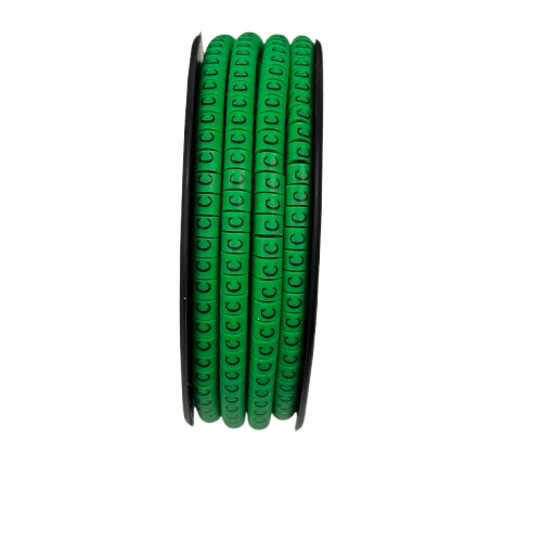 Grippes spool of green cable markers showing rows of Cable "C" Marker EC-1 Green for wire identification
