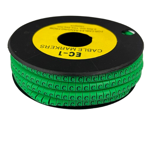 Grippes spool of green lettered cable markers showing multiple Cable "C" Marker EC-1 Green strips for labeling