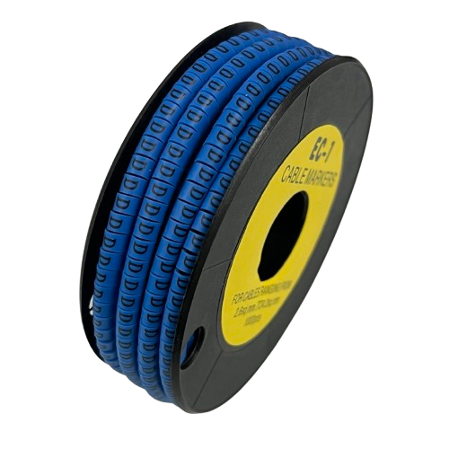 Spool of blue Cable "D" Marker 2.6mm to 4.2mm Blue rings for cable management on a black background