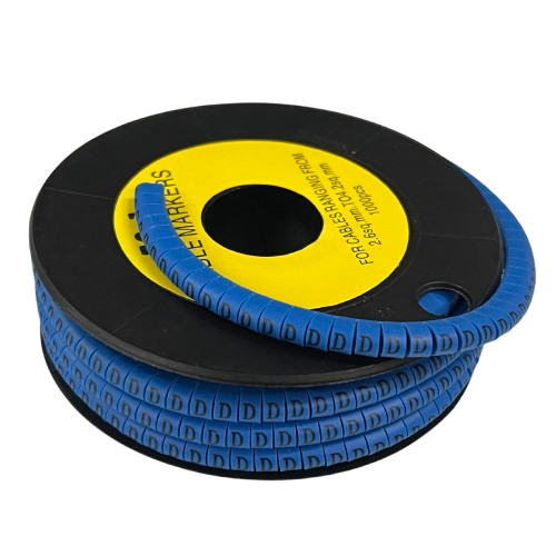 Spool of blue Cable "D" Marker 2.6mm to 4.2mm Blue cable markers showing repeated D labels