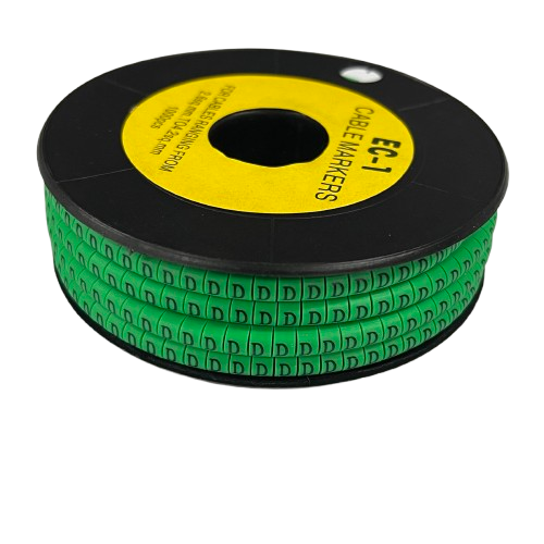 Grippes Cable "D" Marker EC-1 Green spool of adhesive cable markers with repeated D labels for cable management