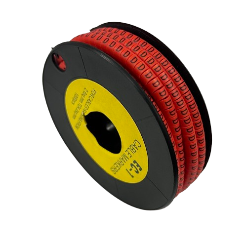 Grippes spool of Cable "D" Marker Red 2.6mm to 4.2mm labels wound on black reel for cable identification