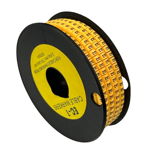 Spool of yellow self-adhesive cable markers with printed E characters for labeling wires Cable "E" Marker 2.6mm to 4.2mm Yellow