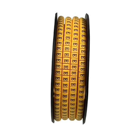 Spool of yellow cable markers with repeated E labels for wire identification Cable "E" Marker 2.6mm to 4.2mm Yellow