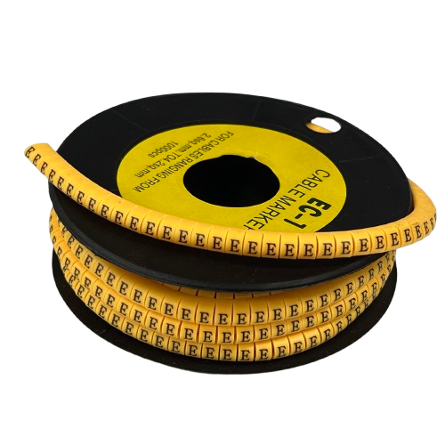 Spool of yellow Cable "E" Marker 2.6mm to 4.2mm Yellow adhesive wire labels for identifying 2.6 to 4.2mm cables
