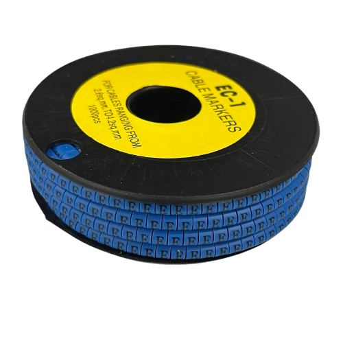 Reel of blue letter E cable markers for wire labeling Cable "E" Marker 2.6mm to 4.2mm Blue from China