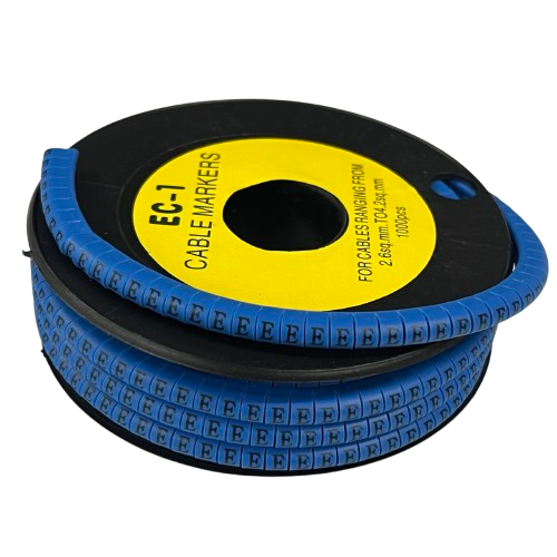 Spool of blue letter E cable markers for labeling wires Cable "E" Marker 2.6mm to 4.2mm Blue on black reel