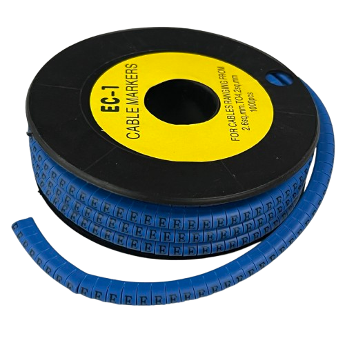 Spool of blue plastic cable markers with repeated E letters, Cable "E" Marker 2.6mm to 4.2mm Blue for wire labeling