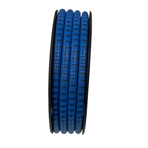 Spool of blue cable markers showing repeated E labels for wire identification Cable "E" Marker 2.6mm to 4.2mm Blue