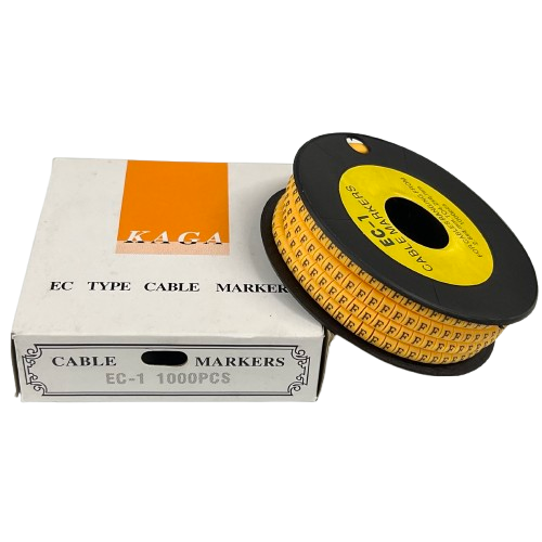 Spool and box of Cable "F" Marker 2.6mm to 4.2mm Yellow cable markers on reel 1000pcs
