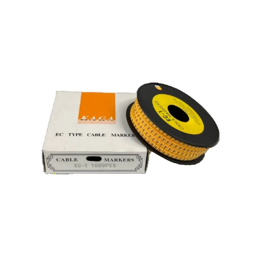 Spool and box of Cable "F" Marker 2.6mm to 4.2mm Yellow cable markers on reel 1000pcs