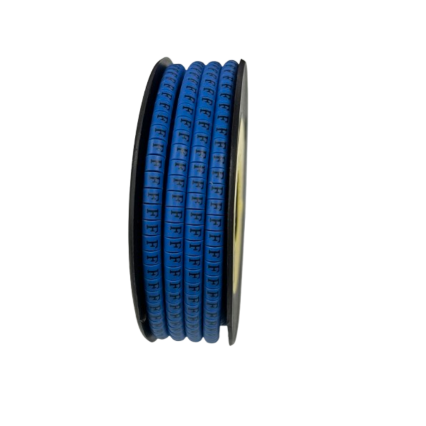 Spool of blue Cable "F" Marker 2.6mm to 4.2mm Blue labels for cable identification on wires