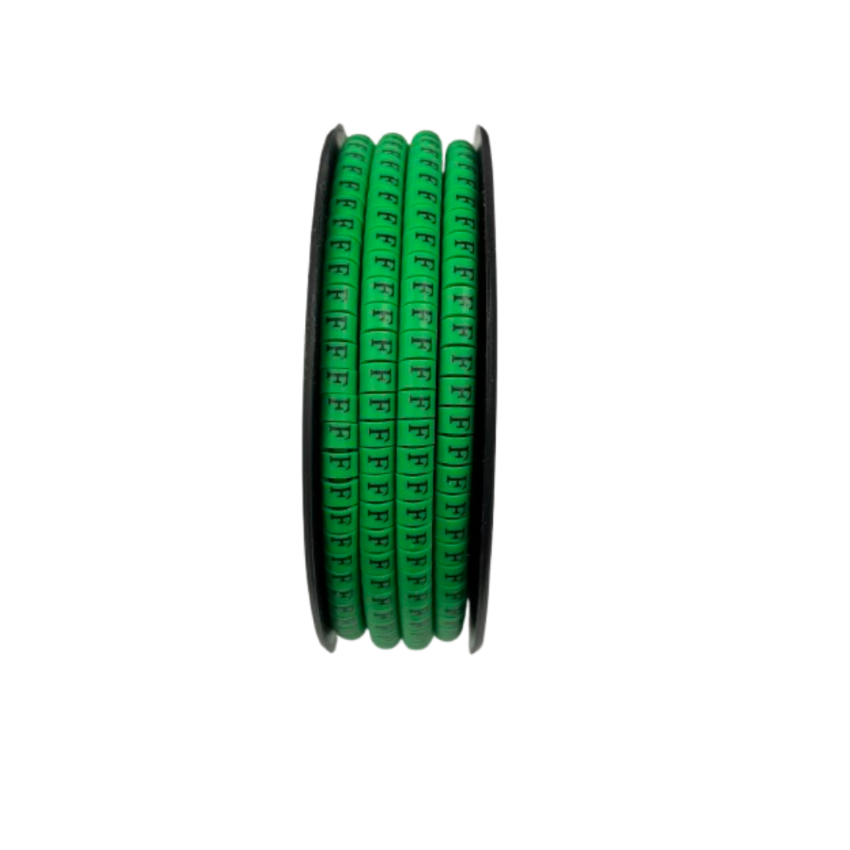 Grippes spool of green Cable "F" Marker EC-1 Green 2.6mm to 4.2mm cable markers showing repeated F characters