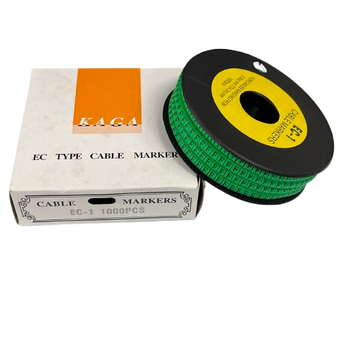 Grippes spool and box of Cable "F" Marker EC-1 Green 2.6mm to 4.2mm cable markers on black background