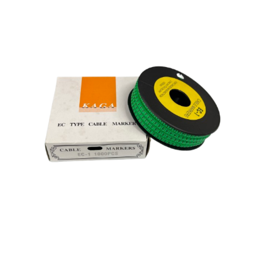 Grippes spool and box of Cable "F" Marker EC-1 Green 2.6mm to 4.2mm cable markers on black background