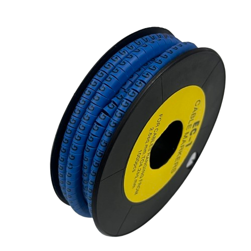 Spool of blue Cable "G" Marker 2.6mm to 4.2mm Blue markers on a black reel for cable identification