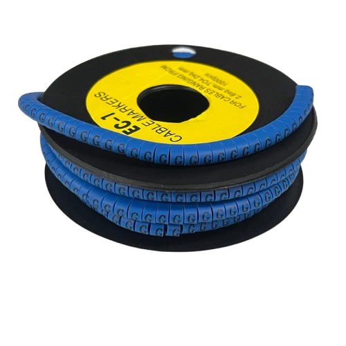 Spool of flexible blue Cable "G" Marker 2.6mm to 4.2mm Blue strips with repeated G on each marker for wire labeling