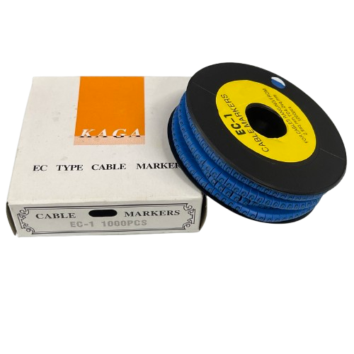 Reel and box of Cable "G" Marker 2.6mm to 4.2mm Blue cable identification markers on spool 1000pcs