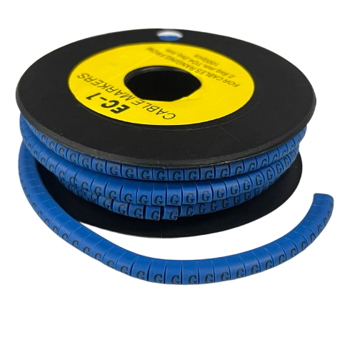 Spool of blue Cable "G" Marker 2.6mm to 4.2mm Blue spiral markers with repeated G labels for cable organization