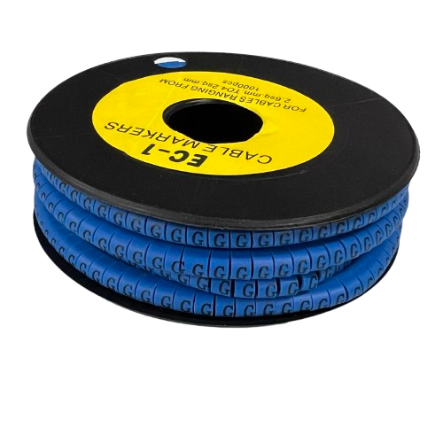 Spool of blue cable markers with printed G letters for labeling wires Cable "G" Marker 2.6mm to 4.2mm Blue
