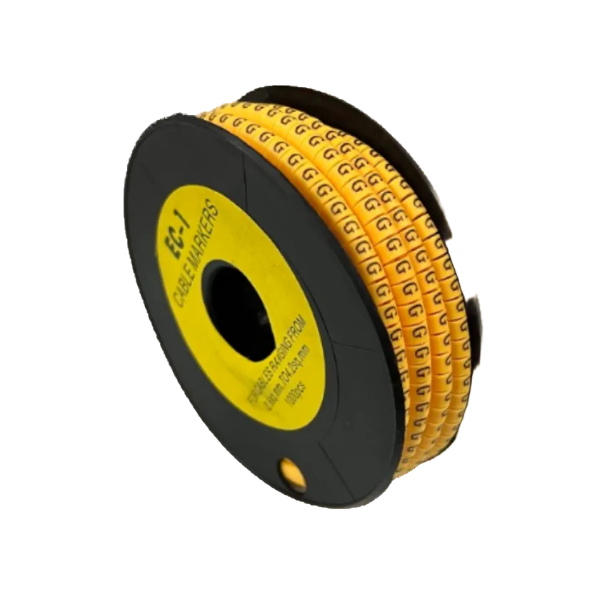 Spool of yellow cable markers labeled Cable "G" Marker 2.6mm to 4.2mm Yellow for wire identification