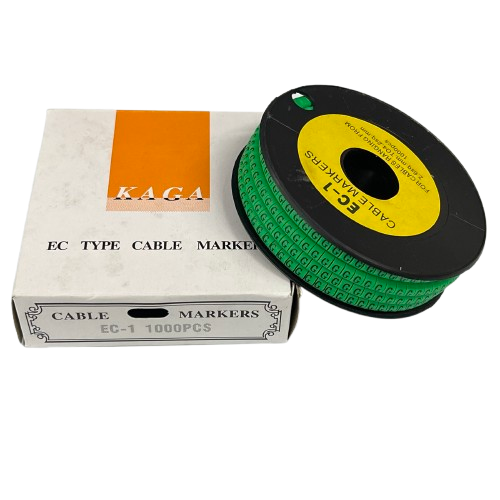 Grippes cable management spool with Cable "G" Marker EC-1 Green 2.6mm to 4.2mm on black reel and box