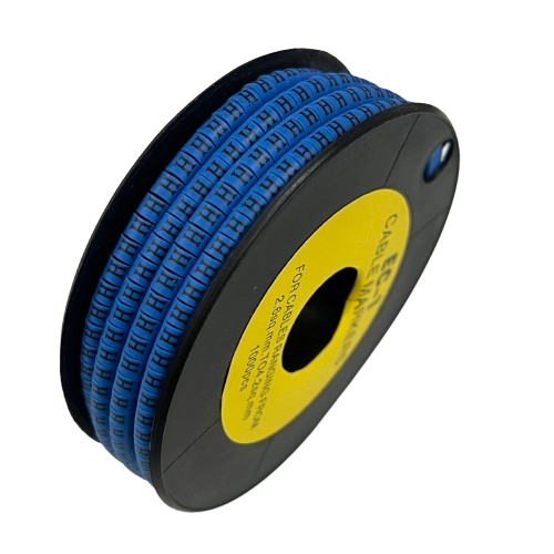 Spool of blue cable markers showing Cable "H" Marker 2.6mm to 4.2mm Blue on a black reel for wire labeling