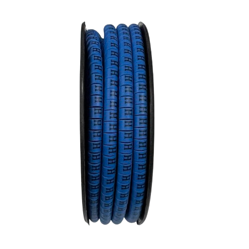 Spool of blue cable markers with repeated Cable "H" Marker 2.6mm to 4.2mm Blue identifiers for wiring