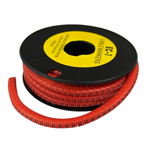 Grippes red spool of printed H cable markers on black reel Cable "H" Marker Red 2.6mm to 4.2mm for wire identification