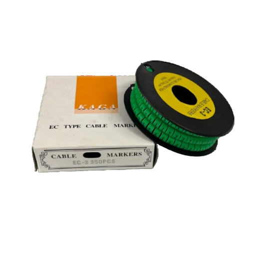 Spool of green snap on cable markers next to box for organized wiring Cable "I" Marker 5.0mm to 7.2mm Green made in China