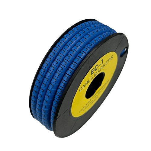 Spool of Cable "J" Marker 2.6mm to 4.2mm Blue cable markers on a reel for cable management