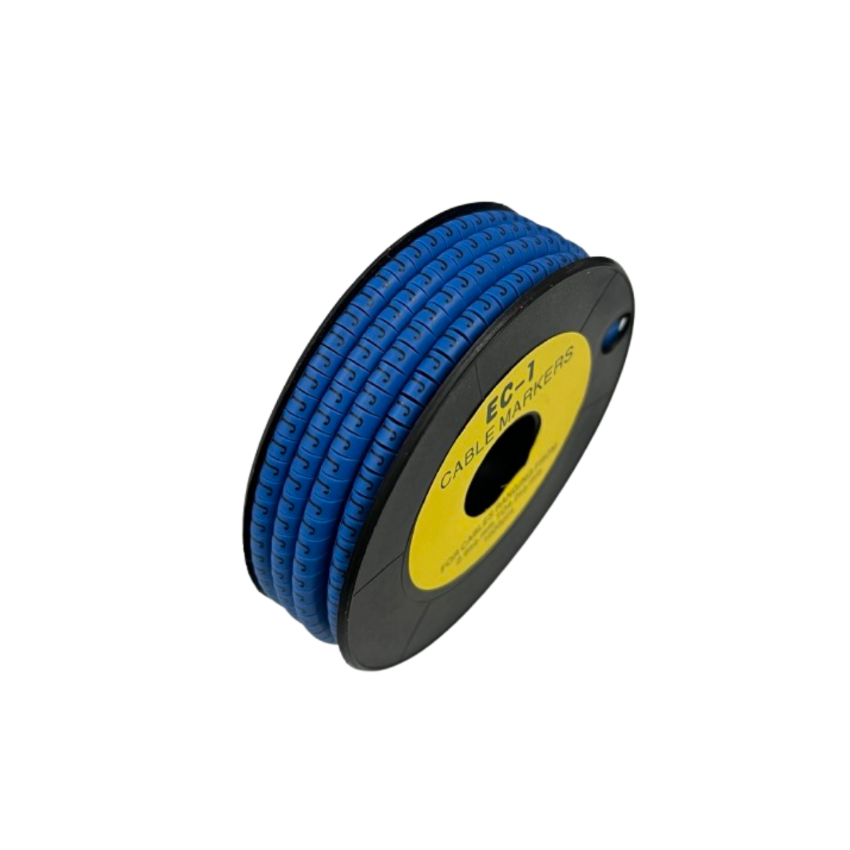 Spool of Cable "J" Marker 2.6mm to 4.2mm Blue cable markers on a reel for cable management