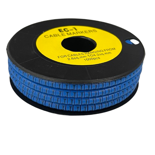 Spool of blue plastic cable markers Cable "J" Marker 2.6mm to 4.2mm Blue on black reel for wire identification