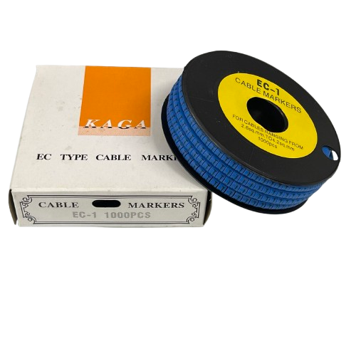 Blue spool and box of Cable "J" Marker 2.6mm to 4.2mm Blue for cable management and wire identification