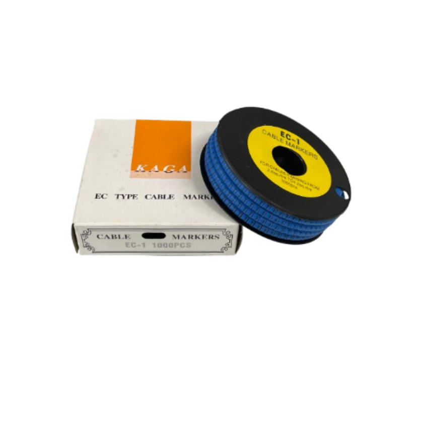 Blue spool and box of Cable "J" Marker 2.6mm to 4.2mm Blue for cable management and wire identification