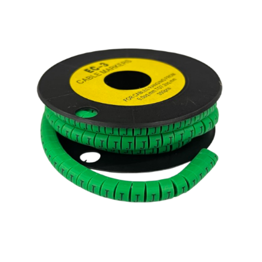 Spool of green segmented cable markers labeled Cable "J" Marker 5.0mm to 7.2mm Green for wire identification