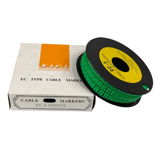 Spool of green Cable "J" Marker 5.0mm to 7.2mm Green on a black reel next to white box