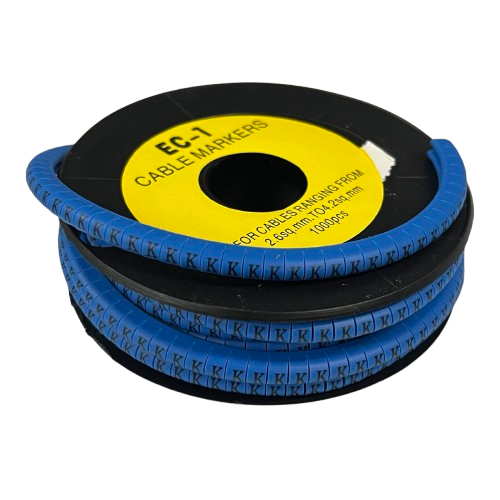 Spool of blue spiral cable markers printed with K for wire labeling Cable "K" Marker 2.6mm to 4.2mm Blue