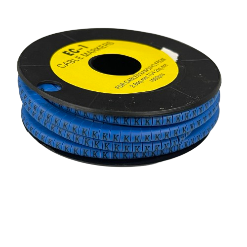 Blue spool of cable markers labeled K on strips Cable "K" Marker 2.6mm to 4.2mm Blue for cable management from China