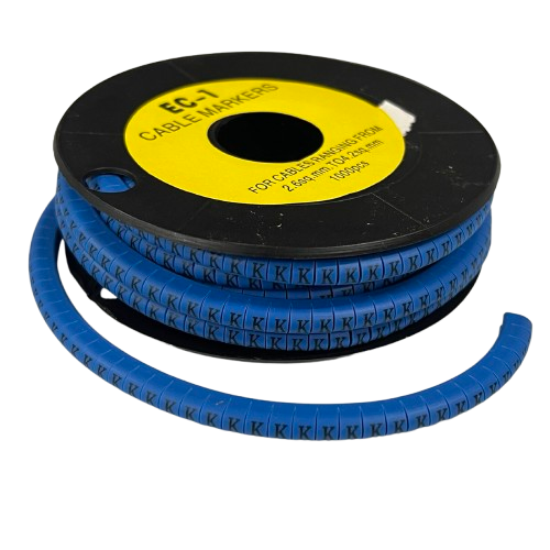 Spool of blue Cable "K" Marker 2.6mm to 4.2mm Blue strip markers for labeling 2.6 to 4.2 mm cables
