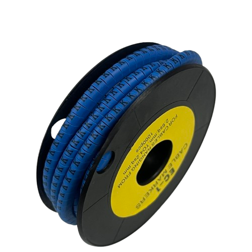 Spool of blue Cable "K" Marker 2.6mm to 4.2mm for cable management showing repeated K labels