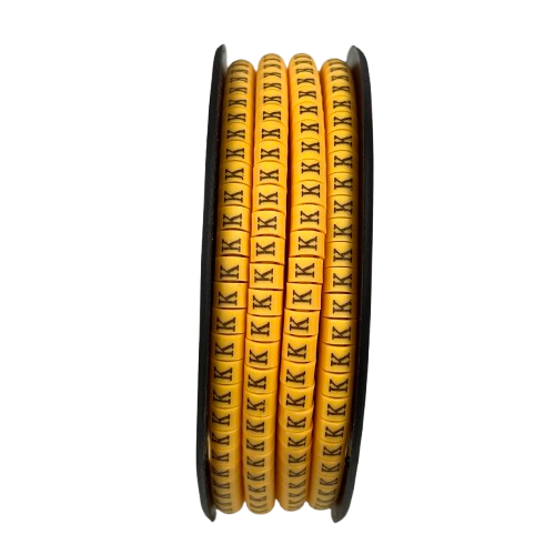 Reel of yellow cable markers with repeating K labels Cable "K" Marker 2.6mm to 4.2mm Yellow for wire identification