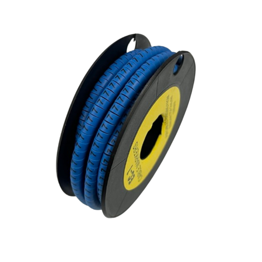 Blue split cable sleeve on black plastic spool Cable Marke Blue - 7 cord organizer for home and office cable management