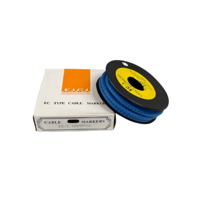Spool of blue cable markers and white labeled box Cable Marke Blue - 7 for cable management and wire labeling
