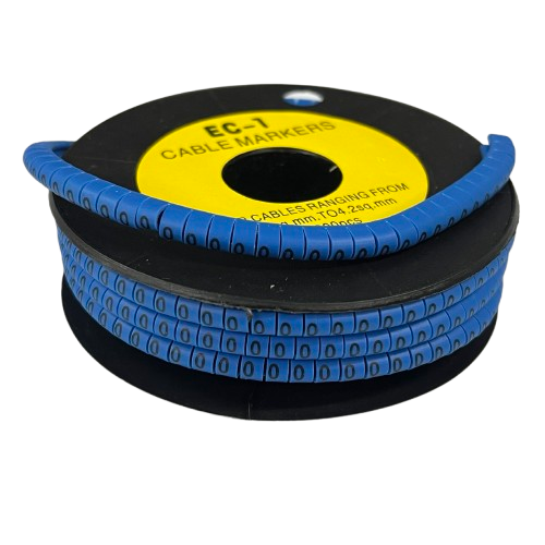 Roll of blue numeric cable markers showing zeros on a spool for wire labeling Cable Marker 0 Blue