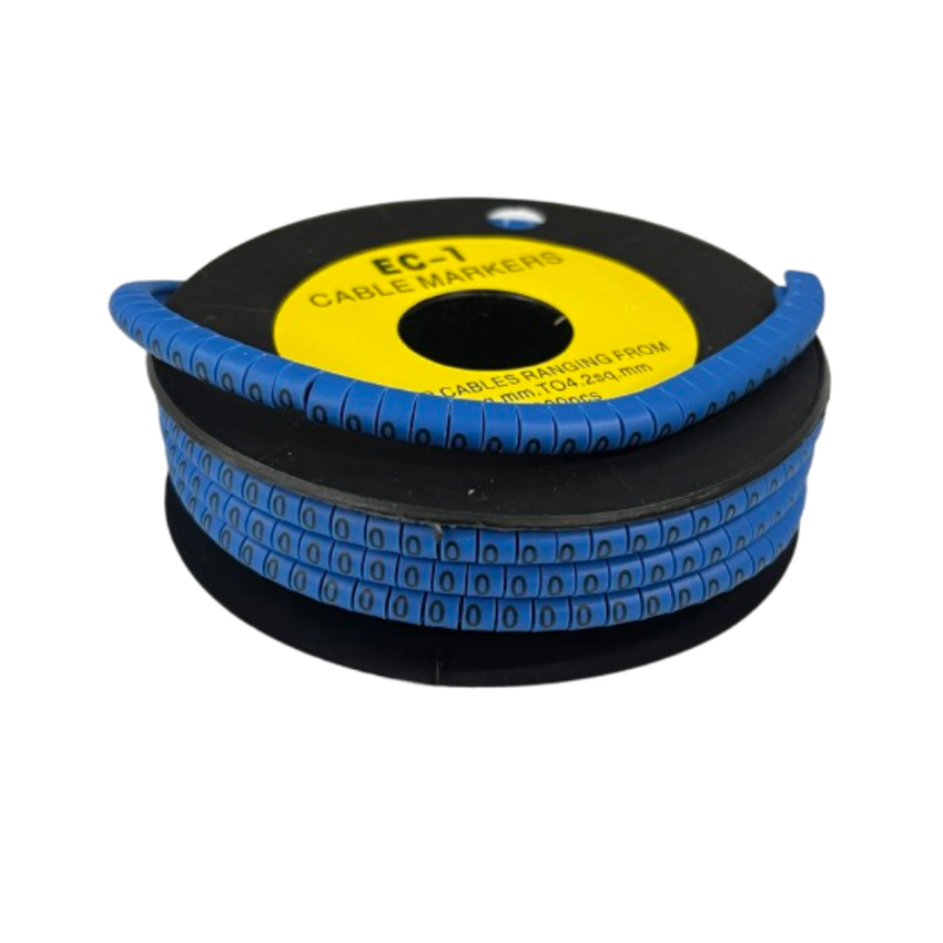 Roll of blue numeric cable markers showing zeros on a spool for wire labeling Cable Marker 0 Blue