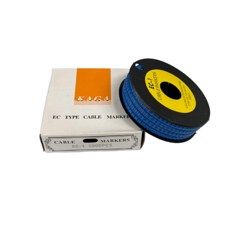 Reel of Cable Marker 0 Blue cable markers on black spool with yellow label and white KAGA box